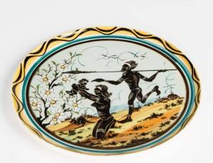 GUY BOYD: pottery plate with handpainted aboriginal scene. 24cm