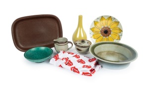 ARABIA WARE floral plate, stoneware platter, LEECH POTTERY jug and sugar basin, GUSTAVSBERG bowl, Norwegian pottery serving bowl, vase, and a ROLLING STONES head scarf, 20th century, (8 items), the largest 34cm wide.