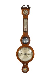 445 · An antique English wheel barometer in rosewood case, 19th century, ​​​​​​​93cm high.