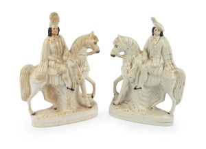 Two antique STAFFORDSHIRE pottery figures on horseback, 19th century, the larger 39cm high.