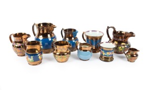 485 · LUSTRE WARE antique English porcelain jugs and mugs, 19th century, (10 items), the largest 15.5cm high.