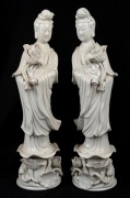 A pair of Chinese blanc de chine Guanyin porcelain statues, 20th century, ​​​​​​​42cm high.