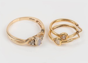 367 · A vintage 14ct gold ring, set with a jellybean opal flanked by diamonds (2.2 grams), together with a pair of 18ct gold and white sapphire earrings (1.8 grams), 20th century, (2 items), 4 grams total.