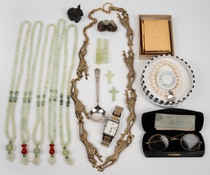 LONGINES wristwatch, antique spectacles, cast iron rabbit ornament, Chinese jade amulet, five Chinese jade necklaces, two Chinese jade crucifixes, two cigarette holders, vintage belt, bracelet and necessaire, (qty).