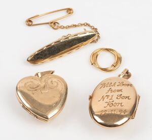 366 · A pair of 9ct gold earrings, together with a 9ct gold brooch and two 9ct gold lockets, 20th century, (4 items), ​​​​​​​7.5 grams total.
