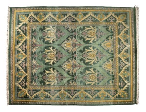 WILLIAM MORRIS pattern Indian hand-knotted wool rug on green and yellow ground, 320 x 247cm.