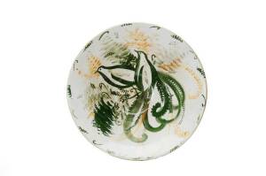 NEIL DOUGLAS: Pottery fruit bowl with lyrebird decoration. Width 21.5, height 8cm