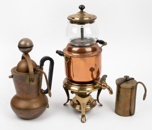 Three antique and vintage brass and copper coffee makers, 19th and 20th century, ​​​​​​​the largest 39cm high.