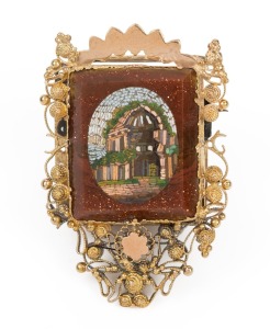 A fine quality antique Italian micro-mosaic scene brooch set in gold stone and mounted in filigree 9ct gold, 19th century. This piece originally appears to have been part of a necklace or larger piece. We note that the pin mechanism has been replaced with a later metal addition. 4cm high overall.