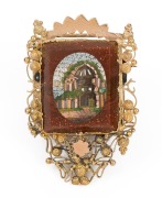 A fine quality antique Italian micro-mosaic scene brooch set in gold stone and mounted in filigree 9ct gold, 19th century. This piece originally appears to have been part of a necklace or larger piece. We note that the pin mechanism has been replaced with