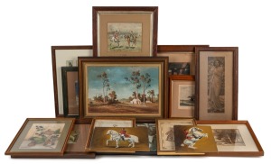 Fifteen assorted artworks, mostly framed, mixed vintages and origins, ​​​​​​​the largest 34 x 47cm overall.