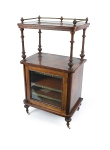An antique English walnut music cabinet with brass gallery top, 19th century, 109cm high, 59cm wide, 40cm deep.
