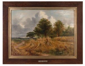 ARTIST UNKNOWN, (the harvest), oil on board, title plaque lower centre (illegible), 55 x 75cm, 74 x 94cm overall.