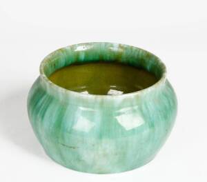 JOHN CAMPBELL: Tasmanian green glazed pottery vase. Height 13cm, width 22cm 