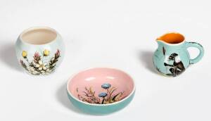 GUY BOYD: Handpainted pottery vase (7cm), bowl (11cm) & jug (6.5cm) with floral & aboriginal motifs. (3 items)
