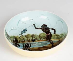 GUY BOYD: Pottery fruit bowl with handpainted scene of an aboriginal fisherman. Height 5cm, width 23cm