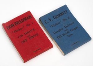 DON BRADMAN "Flicker" No.1 ON DRIVE and OFF DRIVE in original red card wrapper, together with C.V. GRIMMETT "Flicker" No.2 Googley Delivery and Off Break Finger Spin in original blue card wrapper, (2 items)