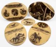 Five assorted horse racing photographic vingnettes, some hand-coloured, all mounted as oval tinplate plaques, mostly South Australian interest, circa 1950's, ​​​​​​​the largest 35 x 25cm overall.