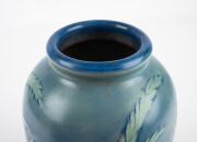 MOORCROFT "Wind Swept" salt glazed pottery vase on blue ground, impressed signature mark to base "Moorcroft, Potter To H.M. The Queen, Made In England", 24.5cm high. - 7