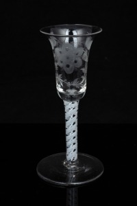 An antique English wine glass with Jacobite engraving, 18th/19th century, 17cm high