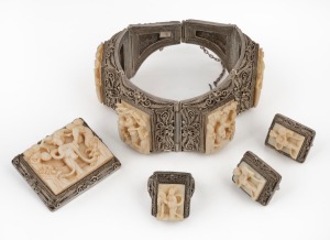 A Chinese filigree silver and carved ivory bracelet, with matching earrings, brooch and ring, early to mid 20th century, 19cm long