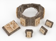 A Chinese filigree silver and carved ivory bracelet, with matching earrings, brooch and ring, early to mid 20th century, 19cm long