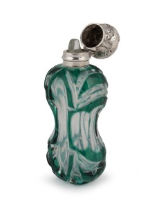 An antique green overlay glass scent bottle with silver top and original glass stopper, circa 1855, 9.5cm high