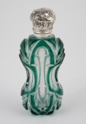 An antique green overlay glass scent bottle with silver top and original glass stopper, circa 1855, 9.5cm high - 2