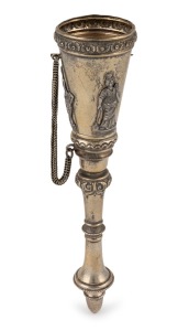 An antique Continental silver posy holder with figural decoration and gilt finish, 19th century, 16.5cm high, 53 grams