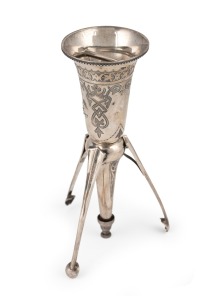 An antique sterling silver posy holder with engraved decoration and rare folding base, made by Colen Hewer Cheshire of Birmingham, circa 1875, 15cm high, 63 grams