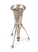 An antique sterling silver posy holder with engraved decoration and rare folding base, made by Colen Hewer Cheshire of Birmingham, circa 1875, 15cm high, 63 grams