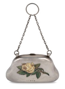 An antique English sterling silver purse with enamel yellow rose decoration, made in Birmingham, circa 1906, 11cm wide, 142 grams including lining