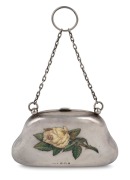 An antique English sterling silver purse with enamel yellow rose decoration, made in Birmingham, circa 1906, 11cm wide, 142 grams including lining