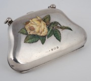 An antique English sterling silver purse with enamel yellow rose decoration, made in Birmingham, circa 1906, 11cm wide, 142 grams including lining - 2