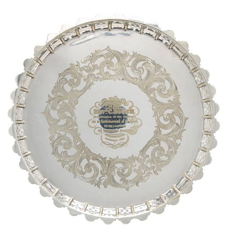 Silver plated presentation tray with pierced Pugin Gothic gallery "Presented to the Rev.d C.Booth by a Number of his Friends as a Testimonial of Respect on his Leaving St.Peter's Parish. Melbourne, December 1859". Diameter 35.5cm