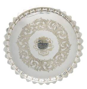 Silver plated presentation tray with pierced Pugin Gothic gallery "Presented to the Rev.d C.Booth by a Number of his Friends as a Testimonial of Respect on his Leaving St.Peter's Parish. Melbourne, December 1859". Diameter 35.5cm