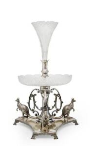 KANGAROO CENTRE PIECE: Silver plated triform base decorated with 3 kangaroo figures, cut crystal bowl & trumpet. Distributed by A.Saunders of Sydney. Height 49cm