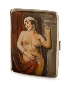 An antique Continental silver cigarette case with risqué enamel scene of a female nude with pearls and red drapery, circa 1920, interior engraved with "Temporada Lirica Alemana, 1922", 9cm high.