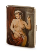 An antique Continental silver cigarette case with risqu&eacute; enamel scene of a female nude with pearls and red drapery, circa 1920, interior engraved with "Temporada Lirica Alemana, 1922", 9cm high.