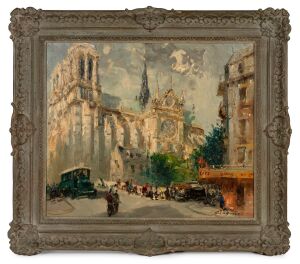 ARTIST UNKNOWN, (Notre Dame), oil on canvas, signed lower right (illegible), ​​​​​​​42 x 54cm, 61 x 71cm overall.
