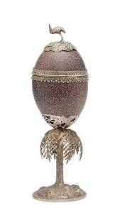 WILLIAM EDWARDS: Australian silver mounted emu egg with tree fern base & emu finial. Hallmarked on the foot. Height 29cm
