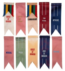 A UNIQUE grouping of sixty-four PROOF Olympic badge ribbons, manufactured by Raleigh Print for use during the 1956 Melbourne Olympic Games by competitors, sport and team officials, and guests of honour, accompanied by seven pages of original documentation from the manufacturer (in-depth data regarding serial numbers), together with a PROOF silver-oxidised blue-enamelled Olympics official badge by K.G. Luke, stamped "00000" on reverse, 51 x 30mm.