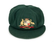 BOB SIMPSON's 1958-59 "BAGGY GREEN" Australian Test Team cap, superb condition, green wool with embroidered Australia coat of arms and series date "1958-59" likewise embroidered to the front panel, "Farmer's Sydney" maker's label to inside crown with "R. - 2