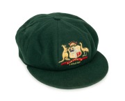 BOB SIMPSON's 1958-59 "BAGGY GREEN" Australian Test Team cap, superb condition, green wool with embroidered Australia coat of arms and series date "1958-59" likewise embroidered to the front panel, "Farmer's Sydney" maker's label to inside crown with "R. - 3