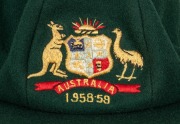 BOB SIMPSON's 1958-59 "BAGGY GREEN" Australian Test Team cap, superb condition, green wool with embroidered Australia coat of arms and series date "1958-59" likewise embroidered to the front panel, "Farmer's Sydney" maker's label to inside crown with "R. - 4
