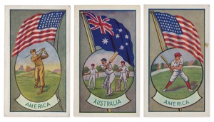 8 · [TRADE CARDS] 1936 A. W. Allen Ltd (Australia) "Sports & Flags Of Nations" complete set (36) featuring cricket, Australian Rules Football, golf, rugby, soccer, baseball, tennis, athletics, cycling, skiing, swimming, rowing, skating, horse racing, wrestling, etc. Rarely seen complete and in such fine condition. The American baseball and golf cards are particularly sought-after.