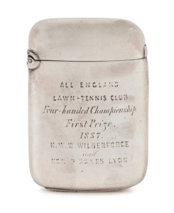 The 1887 Wimbledon Championships at the All England Lawn Tennis Club, July 1887: A sterling silver vesta (by silversmith George Unite) engraved to front "ALL ENGLAND LAWN-TENNIS CLUB / Four-handed Championship / First Prize 1887 / H.W.W. WILBERFORCE and HON. P. BOWER LYON"