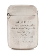 The 1887 Wimbledon Championships at the All England Lawn Tennis Club, July 1887: A sterling silver vesta (by silversmith George Unite) engraved to front "ALL ENGLAND LAWN-TENNIS CLUB / Four-handed Championship / First Prize 1887 / H.W.W. WILBERFORCE and H
