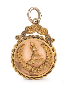 ATHLETICS: An ornate gold running prize in the form of a fob (15ct) with a 9ct suspension ring (overall 18.9 gms) depicting a runner surrounded by a laurel wreath to the obverse; the reverse engraved "PRESENTED TO Harry Hutchins by E.J. Norris For Breaking The 50 Yard Record SYDNEY [18]87"; in the original presentation box.