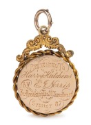 ATHLETICS: An ornate gold running prize in the form of a fob (15ct) with a 9ct suspension ring (overall 18.9 gms) depicting a runner surrounded by a laurel wreath to the obverse; the reverse engraved "PRESENTED TO Harry Hutchins by E.J. Norris For Breakin - 2
